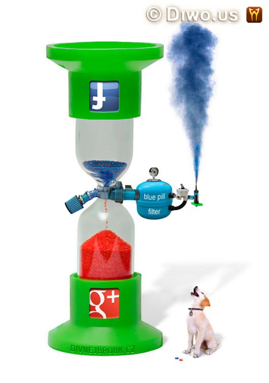 Divnej Brouk - Přesýpací hodiny Facebook - Google+ sandglass, hourglass, G+, Plus, Red Pill, Blue Pill Filter, dog, červená modrá pilulka, pes