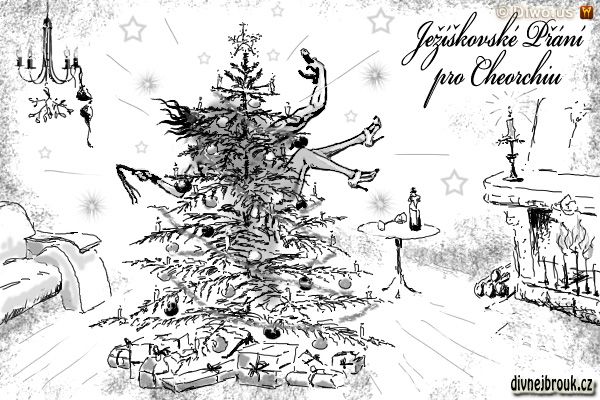 Divnej Brouk - Vánoční ježíškovské přání kresba - Cheorchia Cheo - stromeček, krb, jmelí, svícen, divoký sex, důtky, dvojitý vibrátor