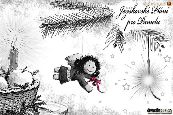 Divnej Brouk - Vánoční ježíškovské přání kresba - Pamela B - andělíček, stromeček, ošatka s ovocem, prskavka, svíčka