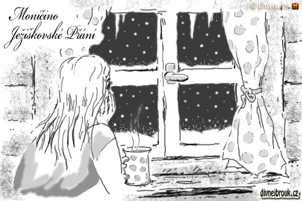 divnej brouk - kresba, vánoční nálada, sníh za oknem, dívka, hrnek, hrneček s puntíky, záclonky, chalupa, kakao, káva, čaj s rumem, rampouchy