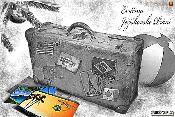 divnej brouk - kresba, vánoční dáreček, letní prázdniny dovolená u moře, pláž, slunce, tropy, palmy, starý kufr, nafukovací míč balón, stromeček, ozdoba