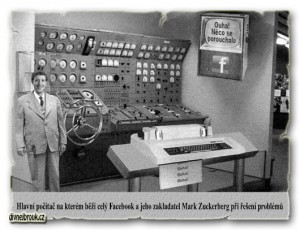 Diwous - Facebook server, Mark Zuckerberg, starý elektronkový, reléový, počítač, řídící centrum, tesařské kladivo