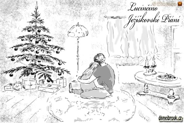 divnej brouk - kresba, vánoce, stromeček, dárky, zamilovaný páreček, konferenční stolek, svícen, cukroví