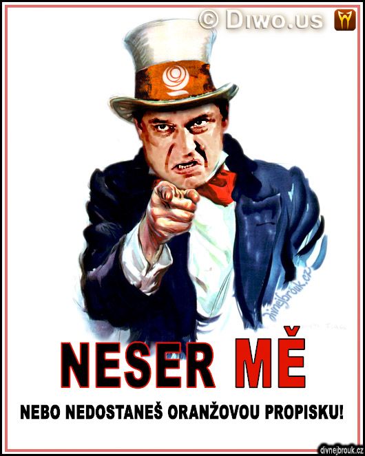 divnej brouk - Jiří Jyrka Paroubek - Neser mě! Uncle Sam - I want you for U.S. army, plakát oranžová propiska, klobouk, Amerika, ČSSD