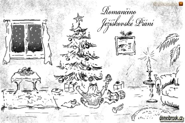 divnej brouk - kresba, vánoční stromek, sníh za oknem, ovoce na míse, dárky, holčička, panenka, křeslo, svícen, svíčka, dřevěný koník, míč