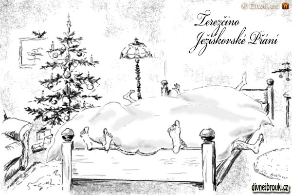 divnej brouk - kresba, vánoce, stromeček, lampa, postel, peřina, nohy, štěstí, zdraví, rodina