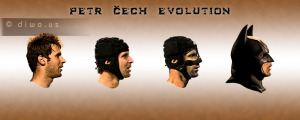 Diwous - Petr Čech Evolution, evoluce, tankista, batman, football goalkeeper, brankář, FC Chelsea, rugbyová helma, chránič nosu, zranění hlavy, vtip, humor