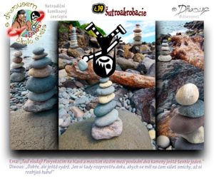 Diwous - netradiční komiksový cestopis, kamenitá pláž, vyplavené dřevo, kmen, akrobacie, stojka na hlavě, adrenalin, meditace, umění, stone, rock balancing, beach, alluvial trunk, headstand, relax, amazing, art, meditation, moře, břeh, oceán, sea, shore, balancování s kameny, pyramidy