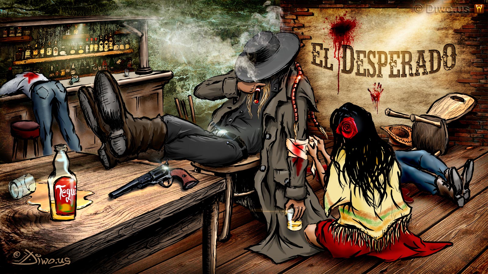 Diwous - El Desperado, #diwoselfie, photoillustration, digital illusionist, Art, drawing, cartoon, comics, collage, style, unique technique, Mexico, bar, salloon, colt, wooden floor, table, shooting, Tequila, mexican girl, poncho, cowboy, cigar, caballero hat, rider, desperát, mexičanka, hospoda, střelba, klobouk, rvačka, doutník, kráska