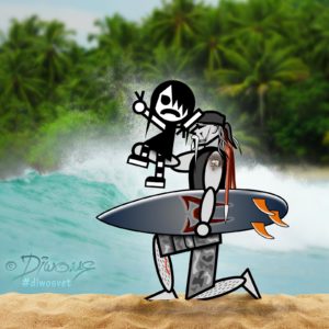 Diwous - Surfing, s Diwousem a Emou okolo světa, tropy, džungle, Karibik, palmy, písek, vlny, obří vlna, surfování, prkno, surf board, palm tree, jungle, sand, big wave