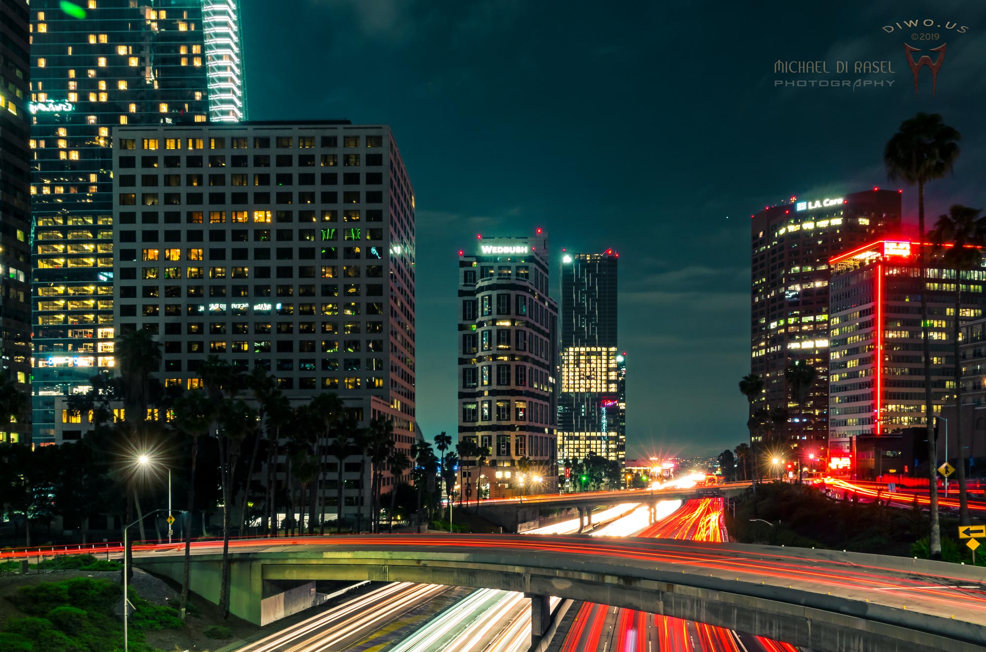 Diwous - photography, Los Angeles Down Town, highway, scyscraper, trafic, cars, lights, night, blur effect, manual HDR